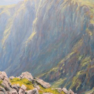 Landscape oil painting Llyn Cae from Pen y Cader, Cader Idris, Snowdonia National Park by artist Kev McTomney