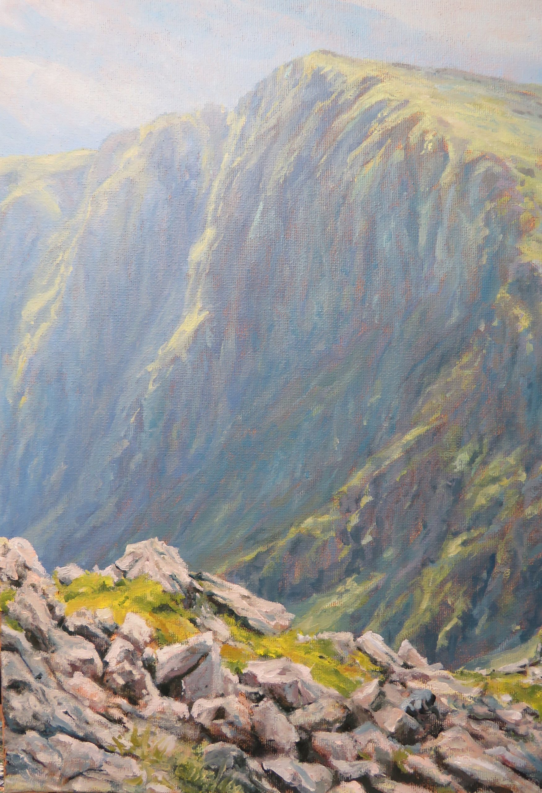 Landscape oil painting Llyn Cae from Pen y Cader, Cader Idris, Snowdonia National Park by artist Kev McTomney