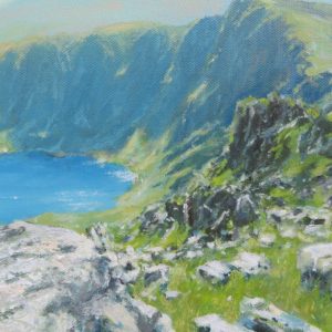 Landscape oil painting of Llyn Cae from Pen y Cader, Cader Idris, Snowdonia, by artist Kev McTomney