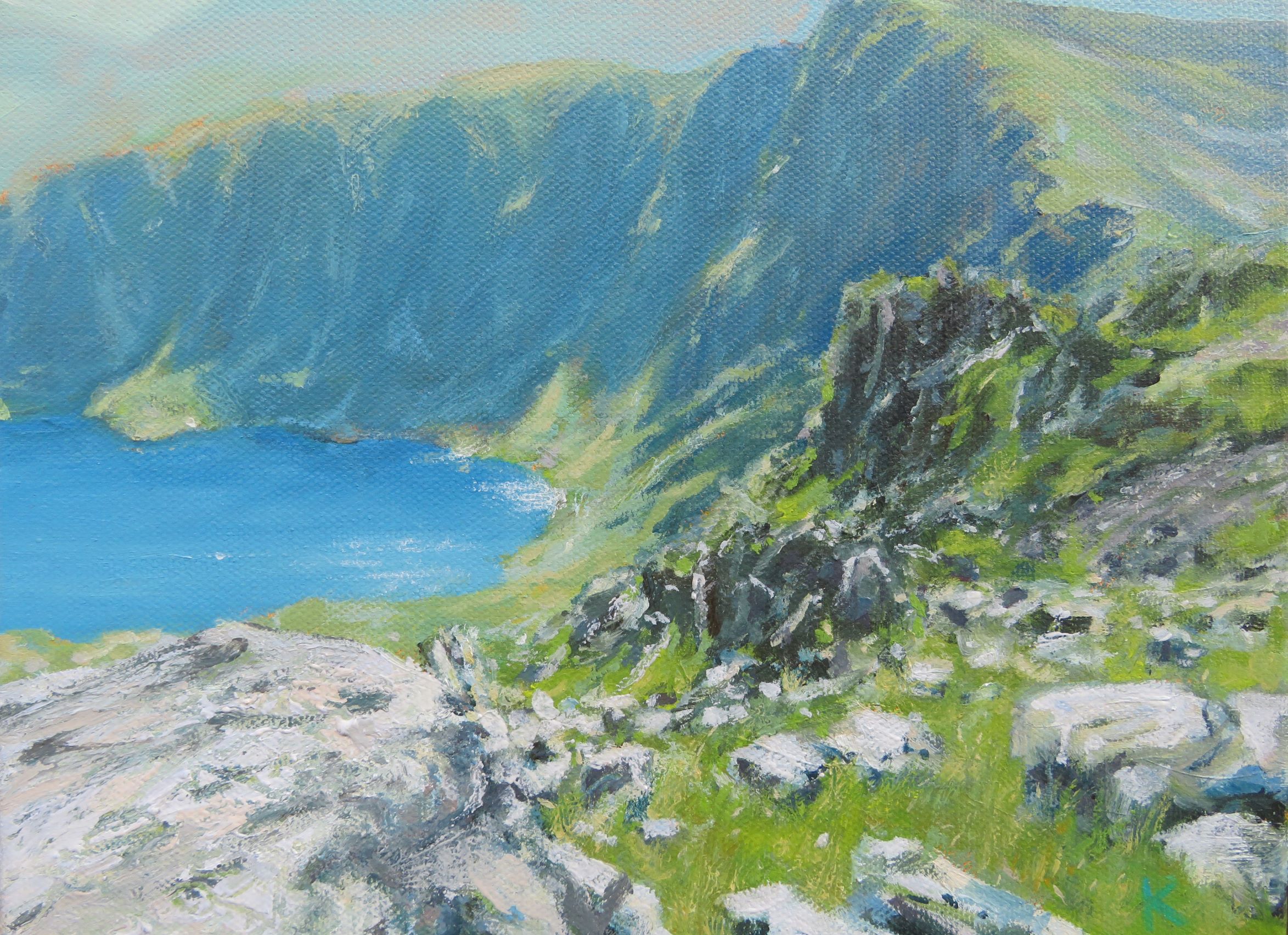 Landscape oil painting of Llyn Cae from Pen y Cader, Cader Idris, Snowdonia, by artist Kev McTomney