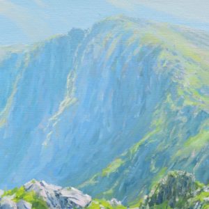 Landscape oil painting of cliffs above Llyn Cae, Cader Idris, Snowdonia