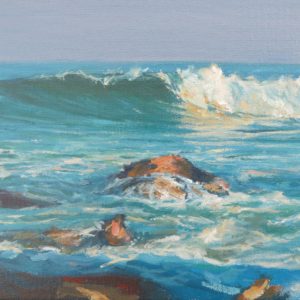 Seascape oil painting wave breaks on a calm shore