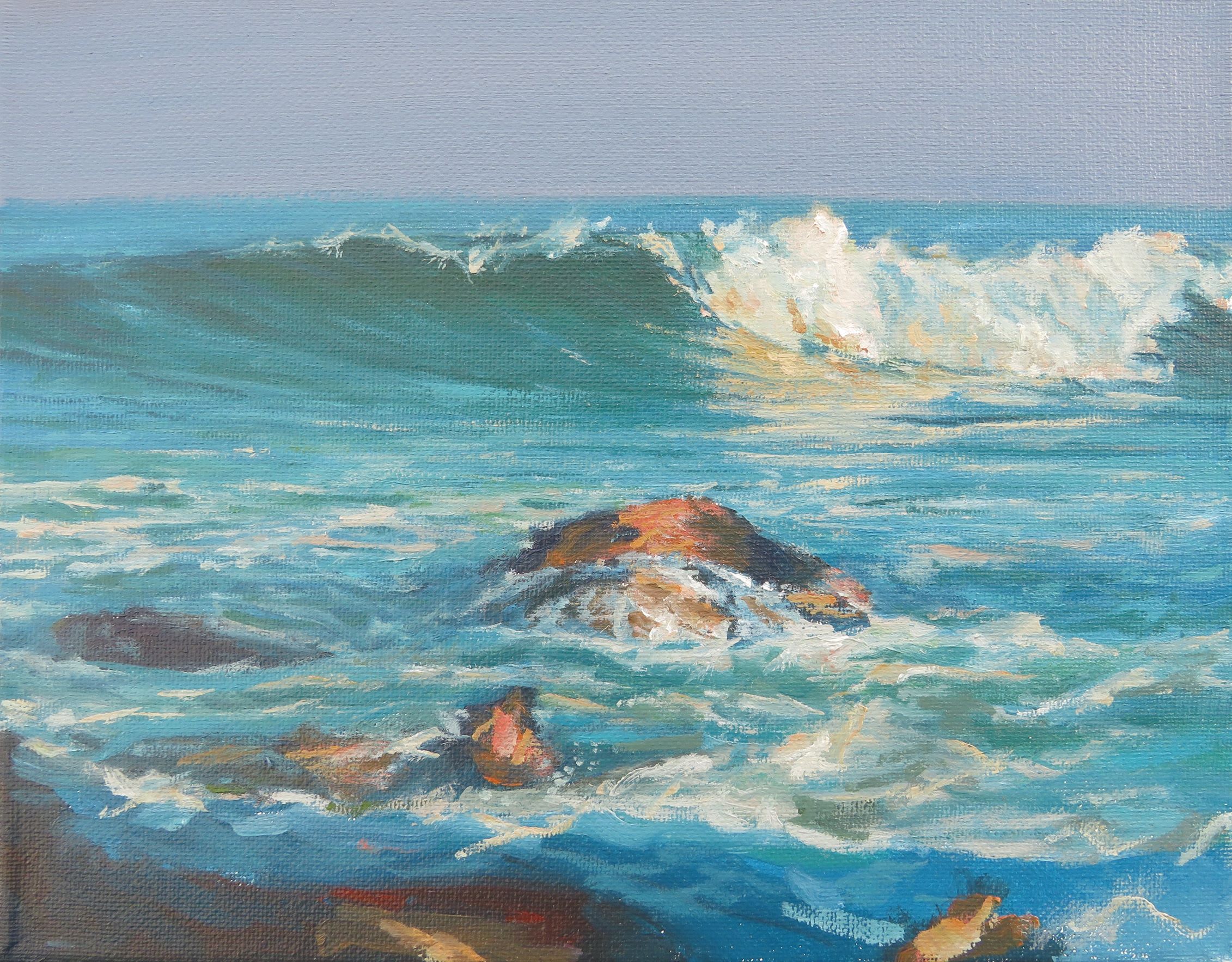 Seascape oil painting wave breaks on a calm shore