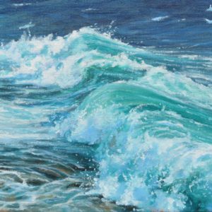 Seascape oil painting of surf breaking upon the shore