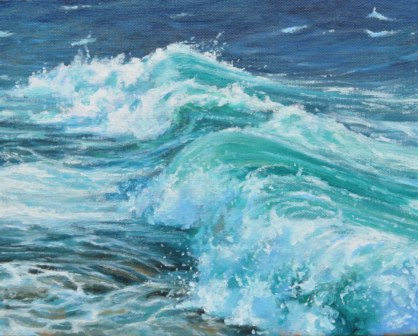 Seascape oil painting of surf breaking upon the shore